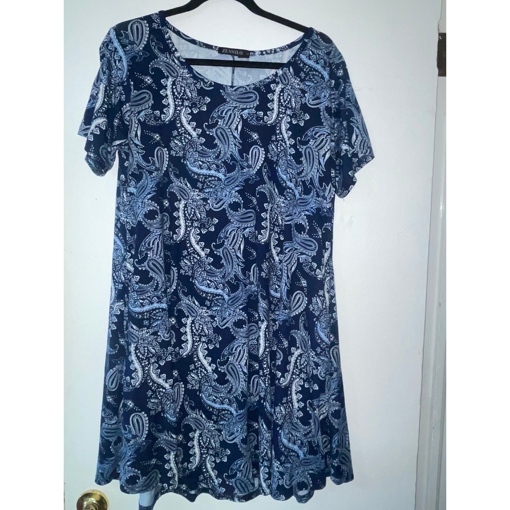 Zennilo Womens Blue Paisley Short Sleeve A-Line Swing T-Shirt Dress Size‎ L